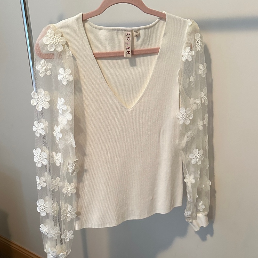 Dolan Cream Top with Floral Lace Sleeves